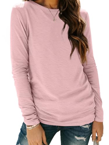 Long Sleeve Shirts for Women Casual Crewneck Tops Basic Tees (Small / 01pink)