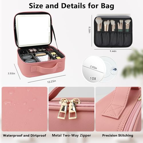 Travel Makeup Bag with LED Mirror and 10x magnifying glass with 3 Lighted Settings (Pink / With LED Mirror and 10x Magnifying Glass)