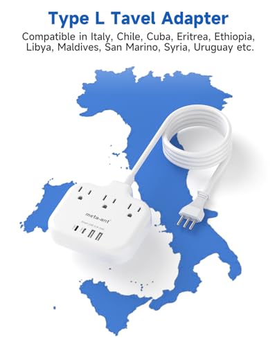 Italy Travel Plug Adapter with 3FT Extension Cord (Type L-Italy Chile)