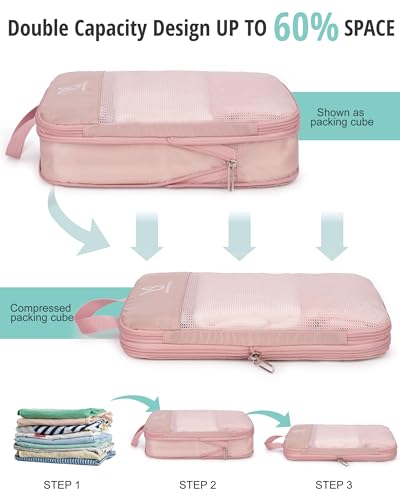 8 Set Space Saving Compression Packing Cubes Lightweight Packing Cube Pink (Pink / 8 Pcs(XL,L*2,M*2,S,laundry bag,shoes bag))