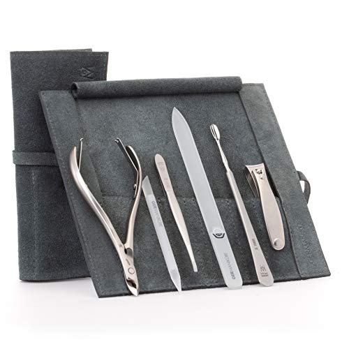6pc Manicure & Pedicure Set (6-Pc: Clipper, Nipper, Cuticle Pusher / Gray Suede Roll)