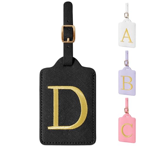 Personalized Initial Luggage Tags for Suitcase TSA Approved (Black Leather,glod Letter / D)