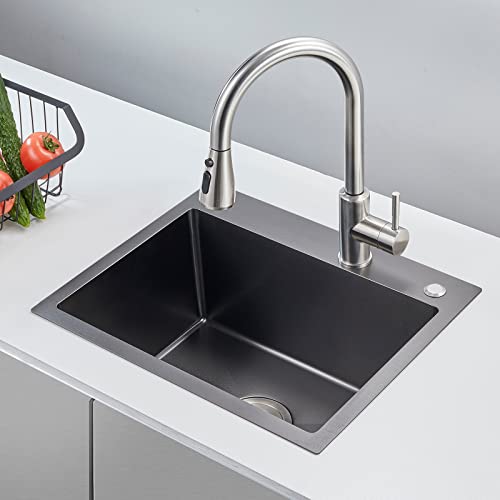 25 Inch Drop In Kitchen Sink (L 25"×W 18"×H 9" / Black)