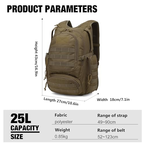 25L Tactical Backpacks Molle Hiking daypacks for Camping Hiking Military Traveling Motorcycle Khaki (6362a-khaki)