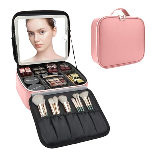Travel Makeup Bag with LED Mirror Travel Makeup Organizer with 3 Lighted Settings (Pink / With LED Mirror Only)