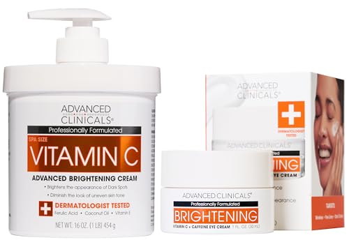 Brightening Vitamin C Body Cream Lotion + Vitamin C & Caffeine Eye Cream Face Moisturizer Skin Care Set For Women (Vitamin C Eye Cream + Body Cream Set / 2 Piece Set)