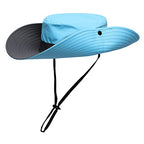 Womens Summer Sun Hat Beach Hat Wide Brim Outdoor UV Protection Hat Foldable Cool Mesh Ponytail Bucket Hat (6-7 / Sky Blue-gray)