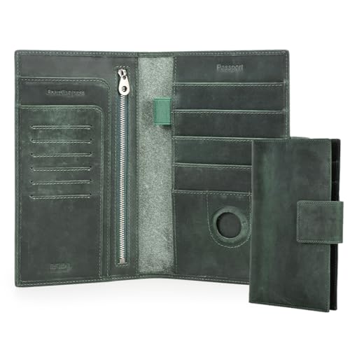 Full Grain Leather RFID Blocking Family Passport Holder for 4 Passport Wallet Compatible with Airtag Travel Passport Cover with 4 Passport Slot (Dark Green)