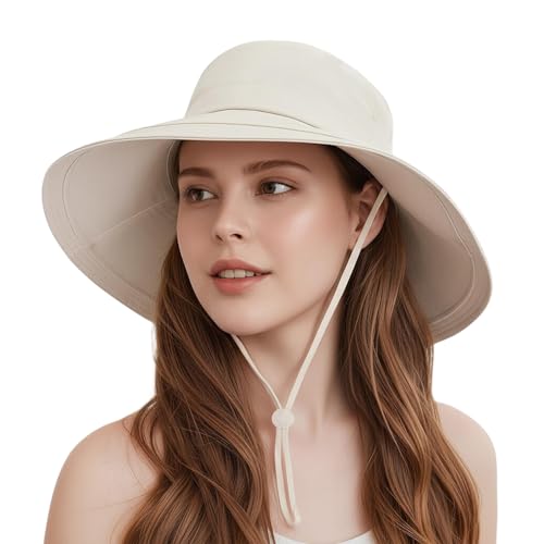 Sun Hats for Women Wide Brim Ponytail UV Protection Beach Hat Packable Waterproof Bucket Hat for Travel Hiking Gardening (Beige)