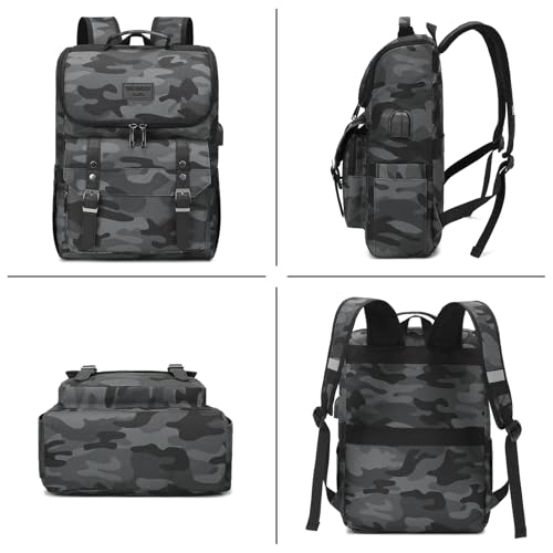 Vintage Backpack Travel Laptop Backpack with usb Charging Port for Women & Men College Backpack Fits 15.6 Inch Laptop Camouflage Gray (Camo&gray)