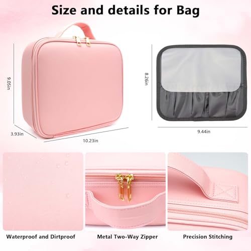 Travel Makeup Bag with LED Mirror Travel Makeup Organizer with 3 Lighted Settings (Pink / With LED Mirror Only)