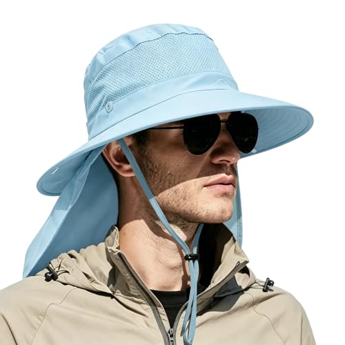Outdoor Sun Hats with Stowable Neck Flap for Men Women UPF 50+ Mesh Summer Bucket Hat Wide Brim for Fishing Safari Hiking Blue (Blue)