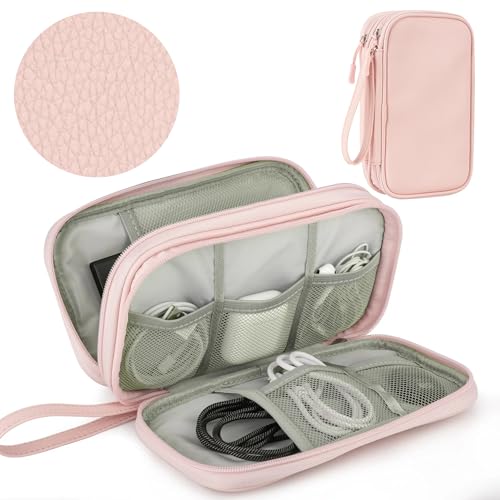 PU Leather Cable Organizer Double Layer Travel Pouch (Pink / M)