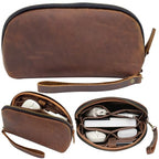 Leather Tech Pouch for Cables Chargers Phone (Large Vintage Dark Brown)
