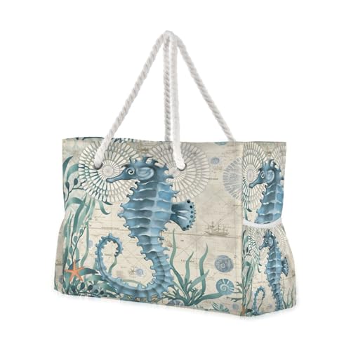 Large Beach Bags Totes Canvas Tote Shoulder Bag Soft Wave Water Resistant Bags for Gym Travel Daily Ocean (Ocean Seahorse Vintage)