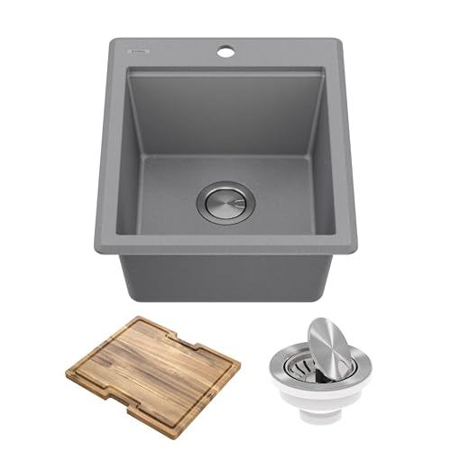Bellucci 18 inch Granite Workstation Drop In Top Mount Single Bowl Kitchen Sink in Metallic Grey with Accessories (18 Inch / Gray)
