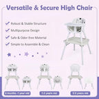 6-in-1 High Chair, Convertible Highchair for Babies and Toddlers/Kids Chair Table Set/Infant Feeding Chair w/Safety Harness, PU Leather Cushion & Removable Food Tray (White) (White)