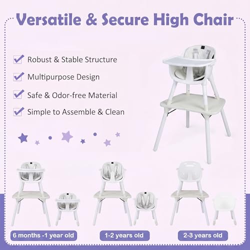 6-in-1 High Chair, Convertible Highchair for Babies and Toddlers/Kids Chair Table Set/Infant Feeding Chair w/Safety Harness, PU Leather Cushion & Removable Food Tray (White) (White)