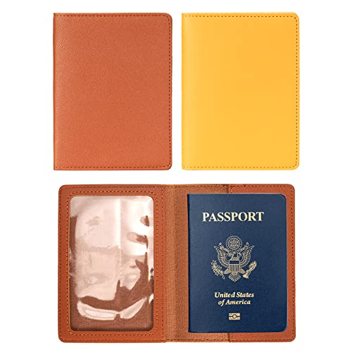 2 Pack Passport covers and Vaccine Card Holder PU Leather Passport Wallet Vaccine Case Protector Slot Travel Passport Wallets for Women & Men (Yellow & Brown)