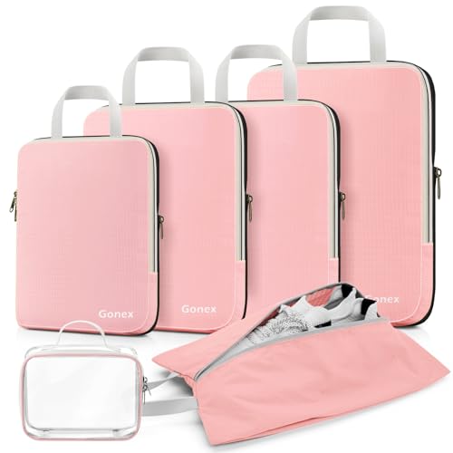 6 Piece Compression Packing Cubes with Shoe Bag (6-Pink / 6 Set)