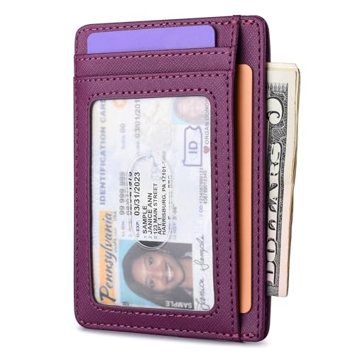 Slim Minimalist Front Pocket RFID Blocking Leather Wallets for Men and Women (Small / Cross Purple)