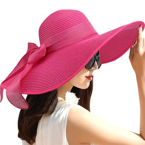 Womens Big Bowknot Straw Hat Foldable Sun Hats Floppy Beach Hat Large Roll up Cap UPF 50+ (Deep Pink / 5.5" Brim, 1 Pack)