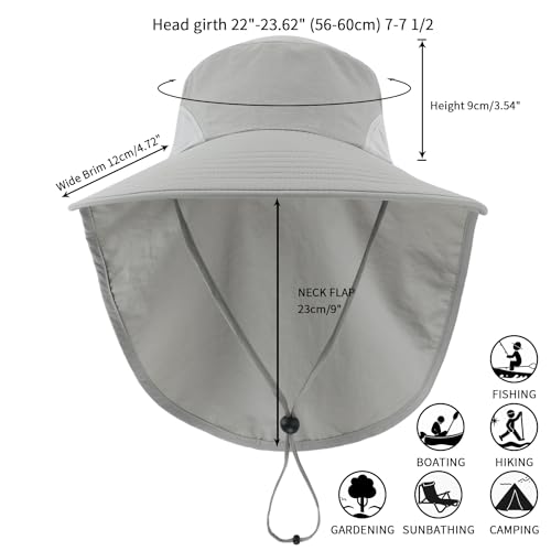Outdoor UPF50+ Sun Hat Wide Brim Mesh Fishing Hat with Neck Flap (Large-X-Large / Light Gray)