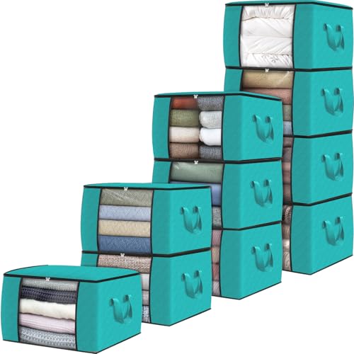 10 Pack Storage Bags for Clothes Blanket Storage Bins with Lids (10 Pack-60l / Green)