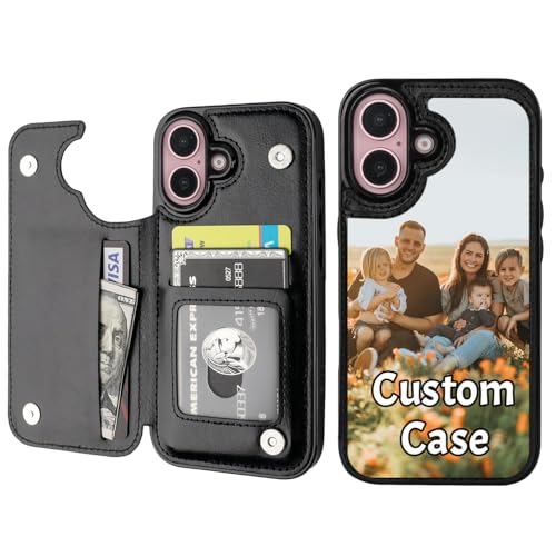 Custom Wallet Phone Case for iPhone 16 with Photo (Black-A / iPhone 16)