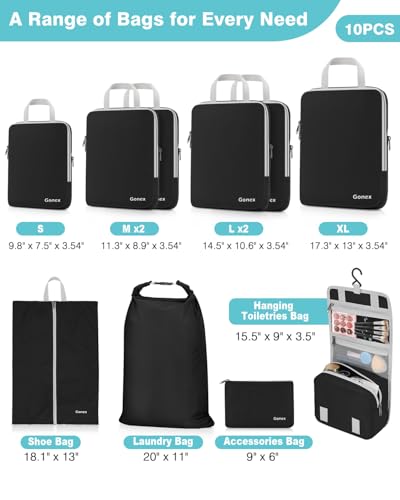 10 Piece Compression Packing Cubes with Travel Organizer Set (10-Black / 10 Set)