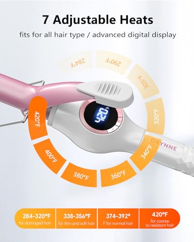 1 Inch Long Barrel Digital Ceramic Curling Wand with Auto Shut Off and Dual Voltage for All Hair Types (1" Pink&White)