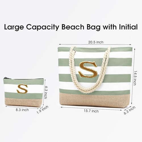 Beach Bag Initial Beach Tote with Makeup Bag for Travel (Light Green / S)