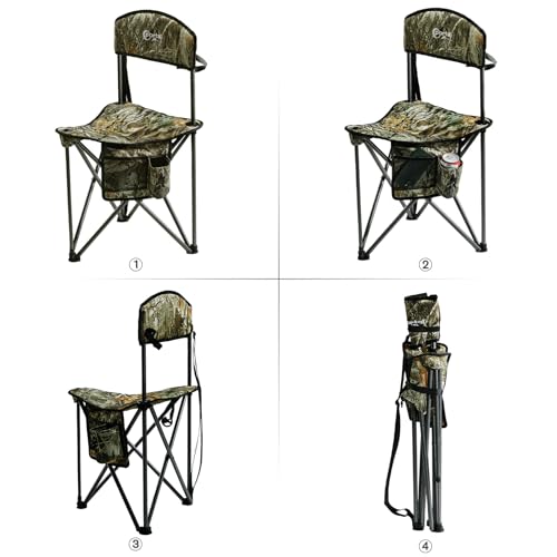 Extra Large Quick Folding Tripod Stool with Backrest Fishing Camping Chair with Carry Strap (Camo)