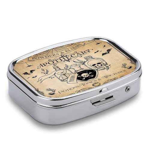 Metal 2 Compartment Pill Organizer Travel Friendly Portable Compact Pill Box Cute Pill Case to Hold Vitamins (Bottles and Skeletons)