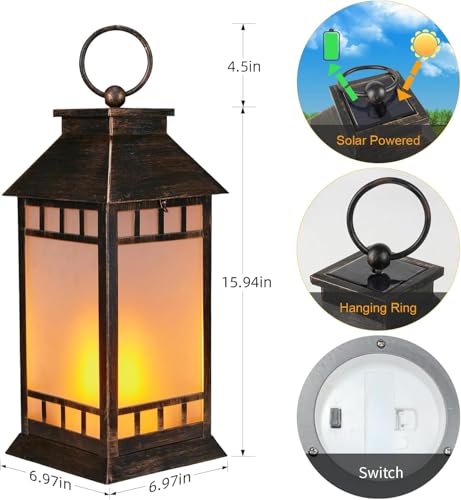 18" Solar Lanterns Outdoor Waterproof Flickering Flame Bronze (Antique Bronze)
