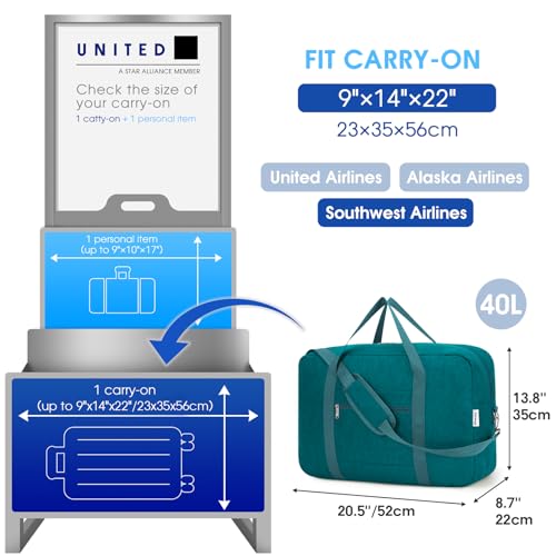 Carry on luaggage 22x14x9 Airlines Approved Foldable Carry on Bag Travel Duffel Packable Duffle Overnight for Women and Men 40L (Teal / 40L)