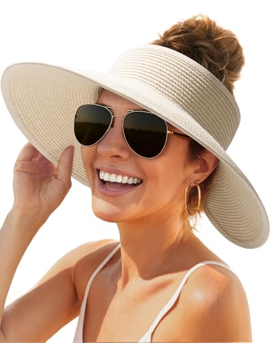 Womens Sun Hat with Ponytail Hole Wide Brim Beach Straw Visor Beige (Medium / Beige)