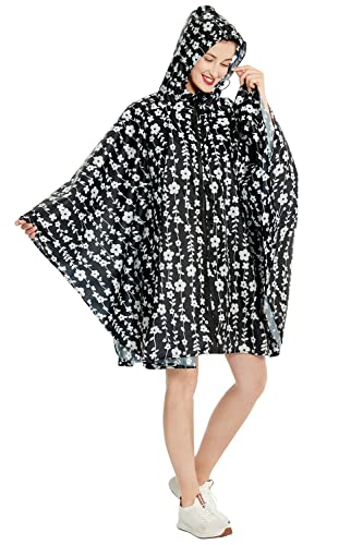 Rain Poncho Jacket Coat Hooded Zipper Style for Women (One Size / Black/White Flower)