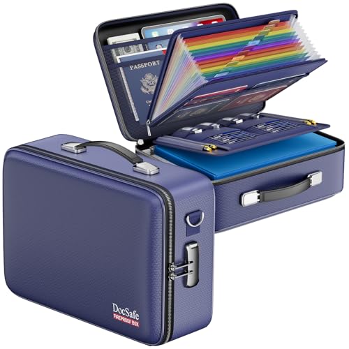 Fireproof Document Box Hard Case with Lock ＆ Accordion File Folder (15.2" x 11.2" x 5.3"(colorful) / Blue)