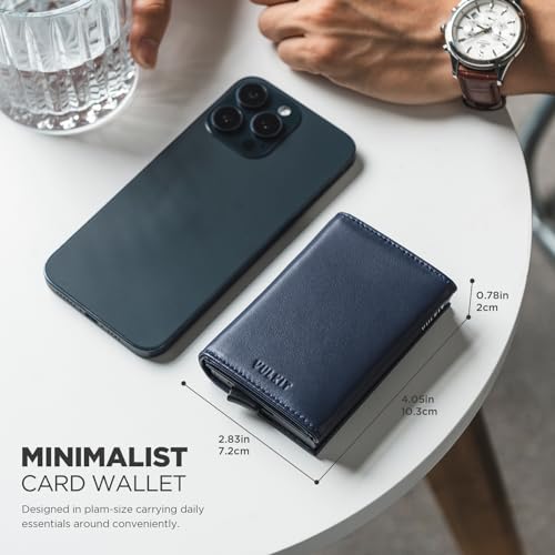 Pop up Card Wallet Minimalist Cash Wallets RFID Blocking Leather Smart Credit Card Holder with ID window for Men (Top-Grain Cowhide Blue)