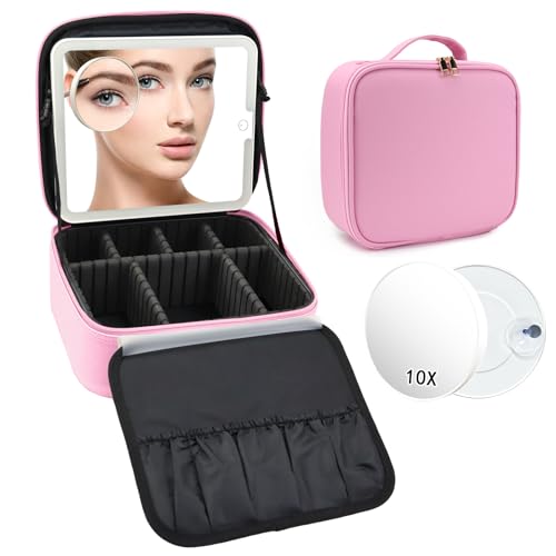 Travel Makeup Bag with LED Mirror and 10x magnifying glass with 3 Lighted Settings (Dark Pink / With LED Mirror and 10x Magnifying Glass)