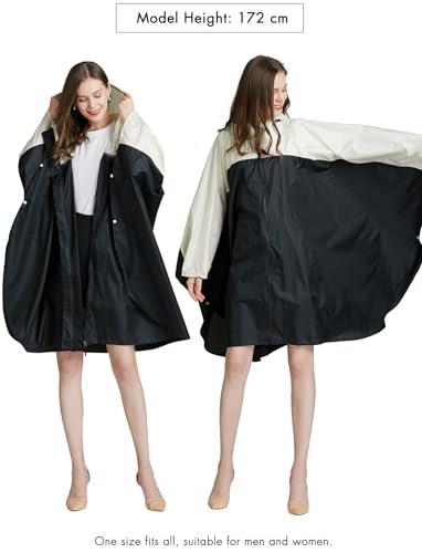 Waterproof Rain Poncho for Women Packable Hooded Raincoat with Pocket (F Black/White)