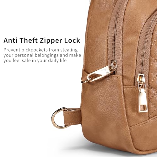 Crossbody Bags for Women Anti Theft Small Sling Handbag with Zipper Lock Vegan Leather RFID Blocking Chest Pure (Light Brown)