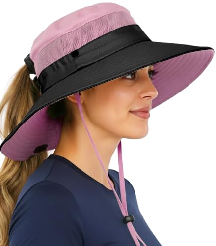 Ponytail Sun Hat for Women with UPF 50+ UV Protection (Light Pink Grey Standard 1 Pack / Safari)