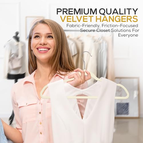 Premium Velvet Hangers 30 Pack Ultra Thin Non Slip Adult Felt Space Saving Suit Hanger for Closet Heavy Duty Coat Pants Jackets Dress Hangers 360° Swivel Hook Hold Upto 10 lbs Ivory (Ivory / 30 Pack)
