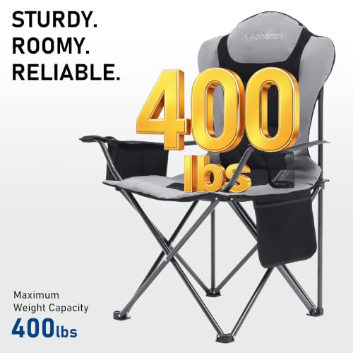 Heavy Duty Camping Chairs for Adults with Cup Holder & Cooler Bag (Gray | 400lbs)