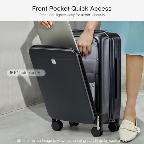 Grace Carry On Luggage with Wheels Airline Approved Hard Shell Suitcases with Front Pocket (Jet Black / 20 Inch-2)