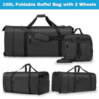 100L Foldable Rolling Duffel Bag with 2 Wheels (BLACK)