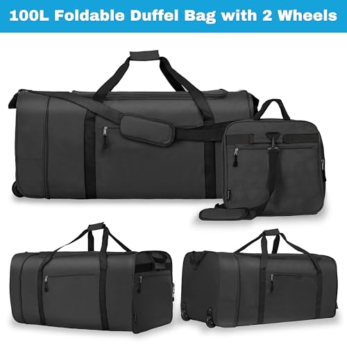 100L Foldable Rolling Duffel Bag with 2 Wheels (BLACK)