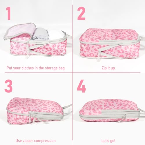 6 Set Compression Packing Cubes (Pink Leopard-6pcs / Set of 6)